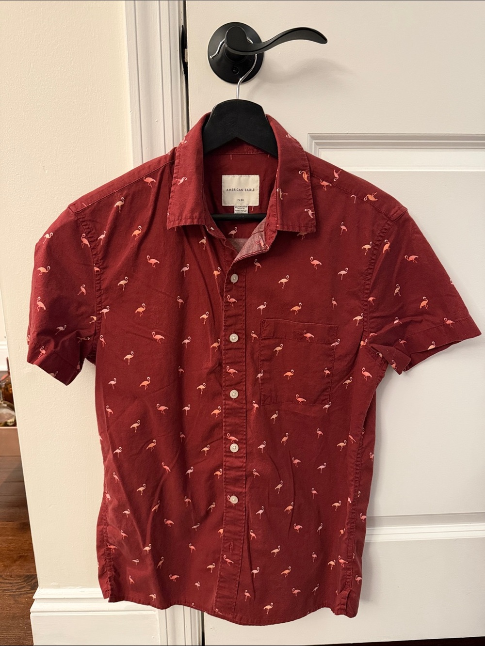 American Eagle Outfitters Men’s Maroon Flamingo Short- Sleeve Button-Down Shirt